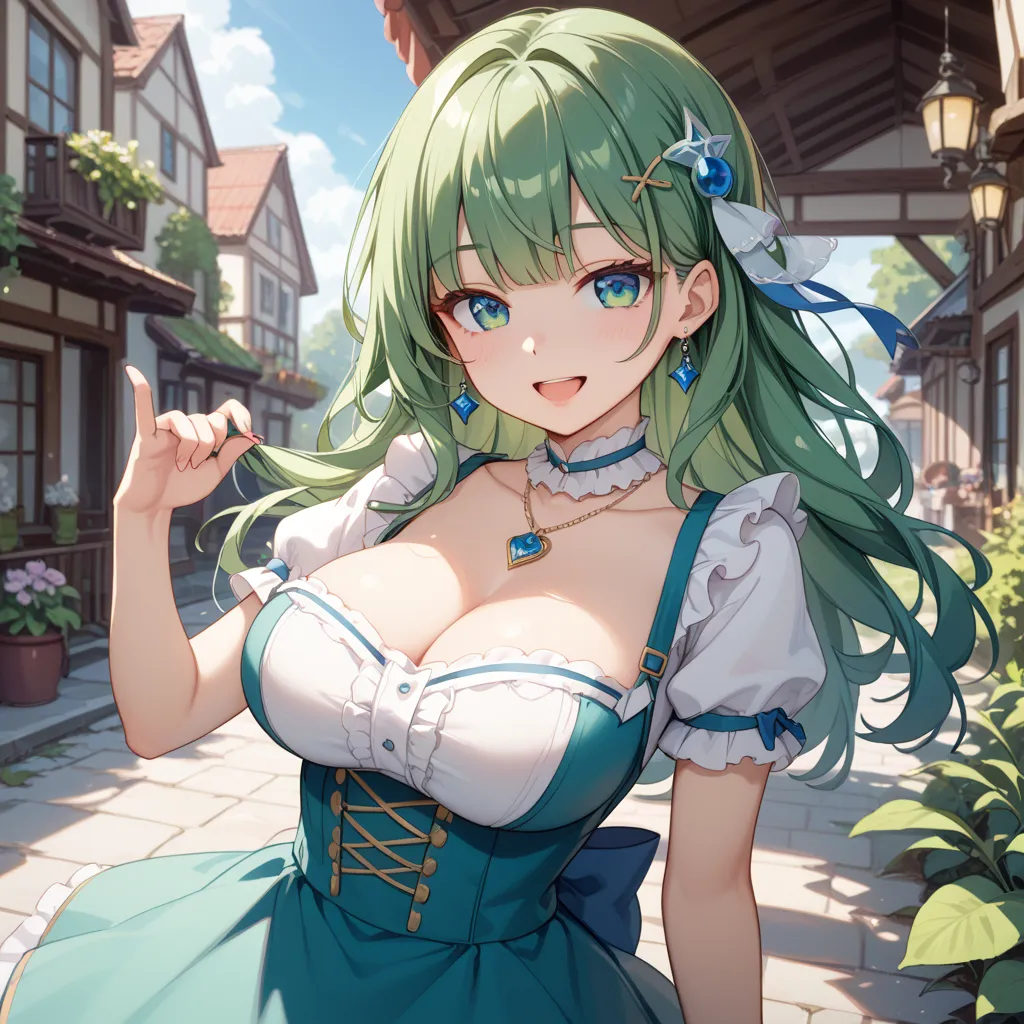 dark green hair、long hair、 eye larger、Keep the outer corner of your eye high 、lashes slightly longer、Small nose、Open your mouth slightly、smile、18 years old、Lean forward、the top of the chest is exposed、Bigger breasts、gorgeous sexy dress、Short sleeve、miniski...