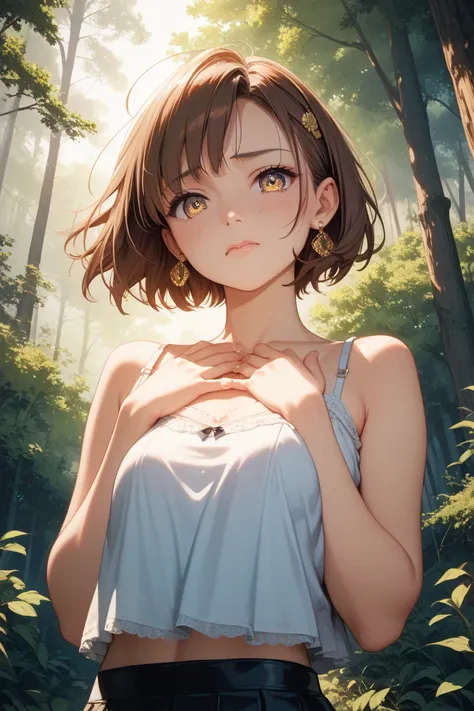 (high res 8K), (high aesthetic), 1 girl, 20 years old , standing, hands on chest, half body, low angle, camisole, mini-skirt, earrings, head phone, short hair, brown hair, embarrassed, erotic expression, looking at viewer, in the middle of forest, golden h...