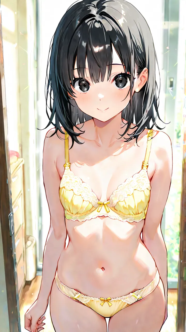 1 girl,優しいsmile,  Hair, black hair,staring at the viewer, Clear, black eyes,A person's meticulous face, pastel yellow sexy bra, Pastel yellow panties,(masterpiece, top quality), smile, anime,cowboy shot, 