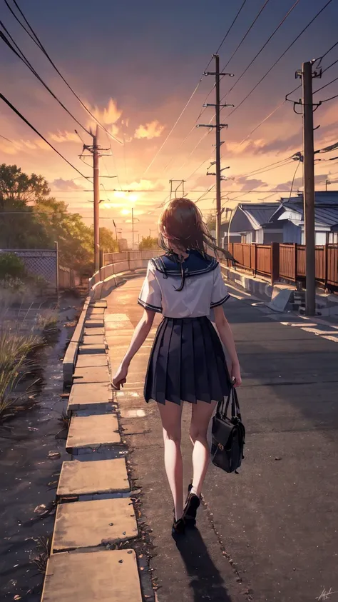 -Bruce, one girl, alone, Outdoors, cloud, null, skirt, , shoes下,  Scenery, white shoes下,  sign, ãã©ã¹ , shoes, bag, is standing, Seraphim, Knee-length, from behind,  shirt, cloudy null, road  sign,  signature, sailor color, wide shot, sunset, white  shirt,...