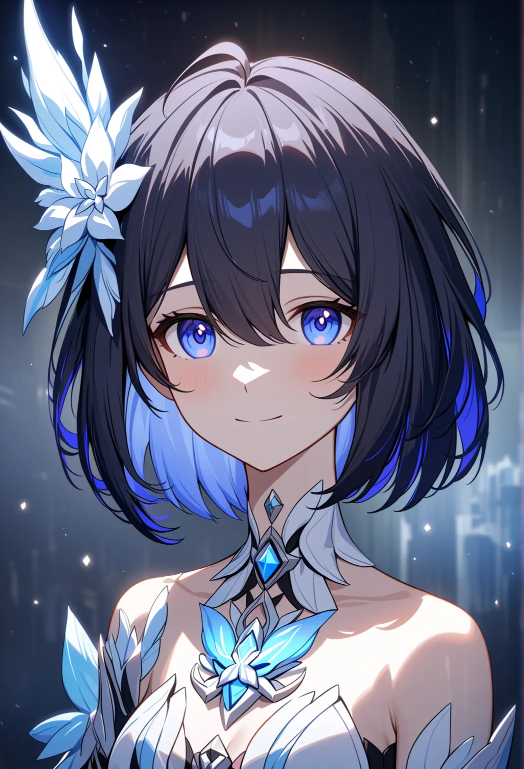 One girl, Seele vollerei \(Hersher of Rebirth), Honkai Impact 3, bobcut, black_hair_with_blue_hair smile, (Very fine grain:1.37), blue eyes, (Diamond shaped iris:1.5)