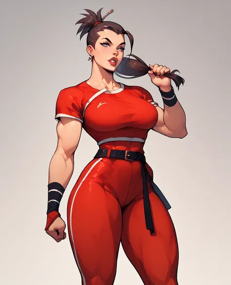  tall woman, strong, thighs and breasts,  definite curves, fighter,  stylized anime art , smooth red uniform, black belt around the waist, black bracelets on the hands, hair brushed back