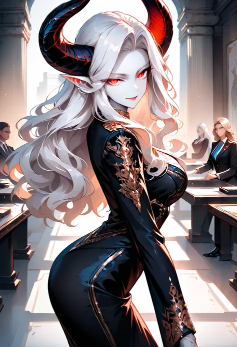female, closeup, monster girl, diplomat, serious, smile, looking at viewer, multiple females, ancient, indoors, day, red eyes, slit pupils, from side, half-closed eyes, luxurious, ancient, ears, horns, pose, seductive, slim waist, meeting, dress, albino, w...