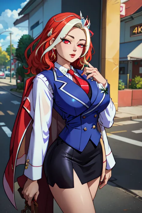 (masterpiece, best quality, absurdres, 4k, aesthetic, detailed, intricate),1girl,nikkecrwn,tiara,, hair ribbon, 
Cosplay as spider Lily - Manjusaka, multicoloured hair, white hair ,red eyes ,red hair ,two-tone hair, skirt suit, (((three-piece suit))), neck...