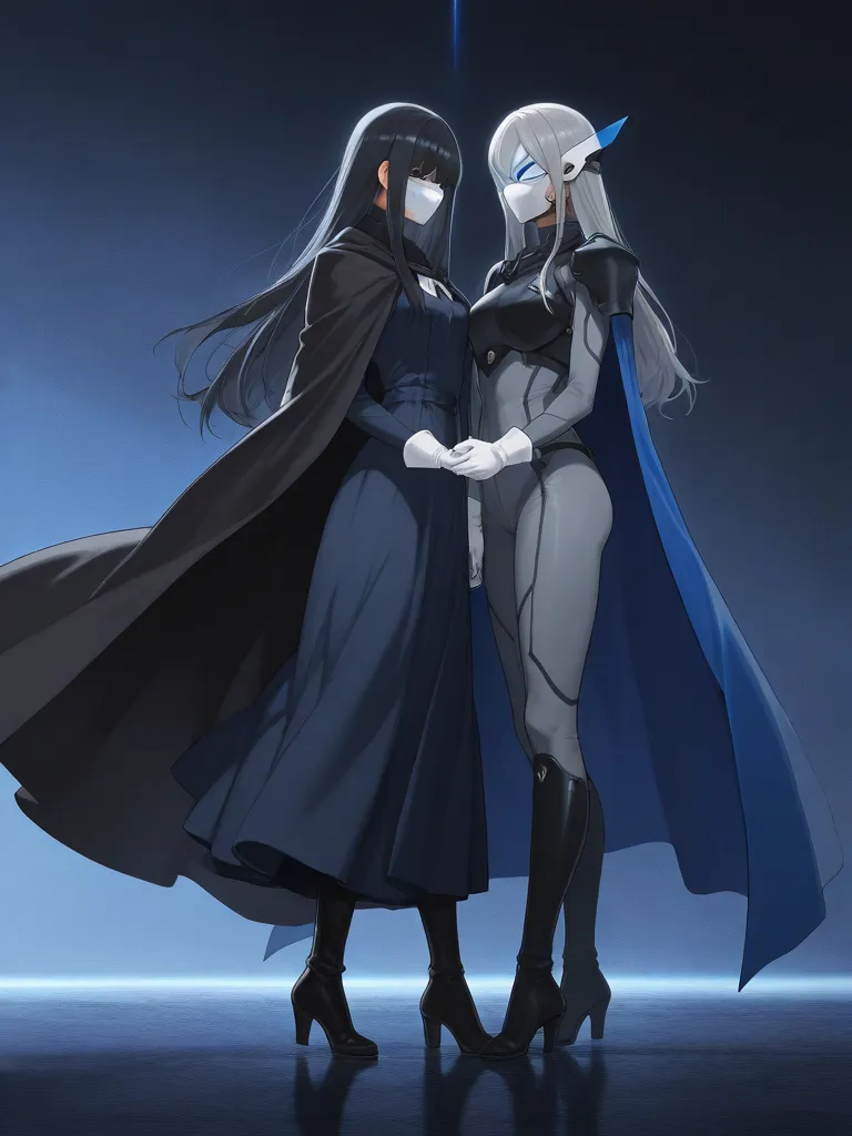 high resolution, masterpiece, necessary, detail, best quality, quality, necessary, details, High details, Precise, 
 
2girl_ ufotable style, ufotable anime

(Solo) faceless, mask covered face, white mask with black eyes, grey hair, long hair, blue long cap...