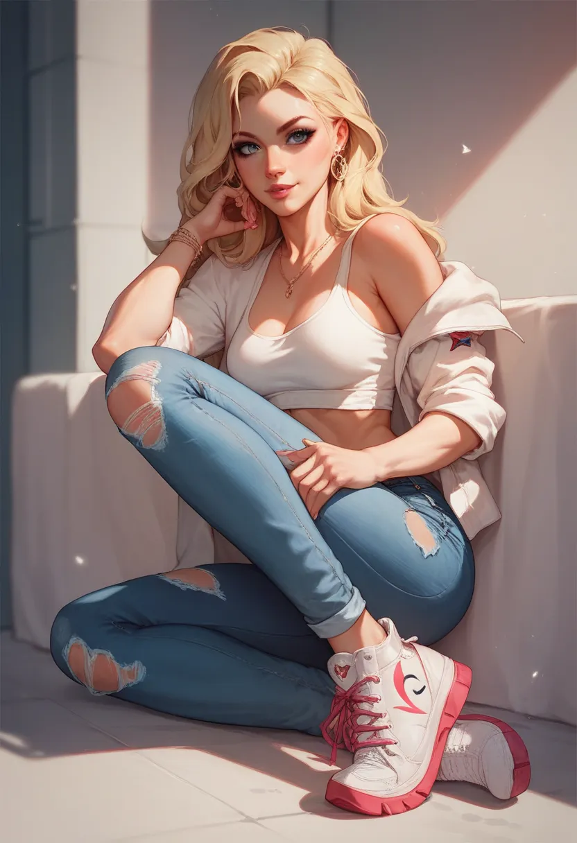 Young woman in a white crop top and ripped jeans, with long blonde hair and stylish sneakers, posing confidently