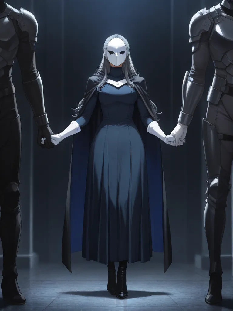 high resolution, masterpiece, necessary, detail, best quality, quality, necessary, details, High details, Precise, 
 Couple_ ufotable style, ufotable anime

(Solo) faceless, mask covered face, white mask with black eyes, grey hair, long hair, blue long cap...