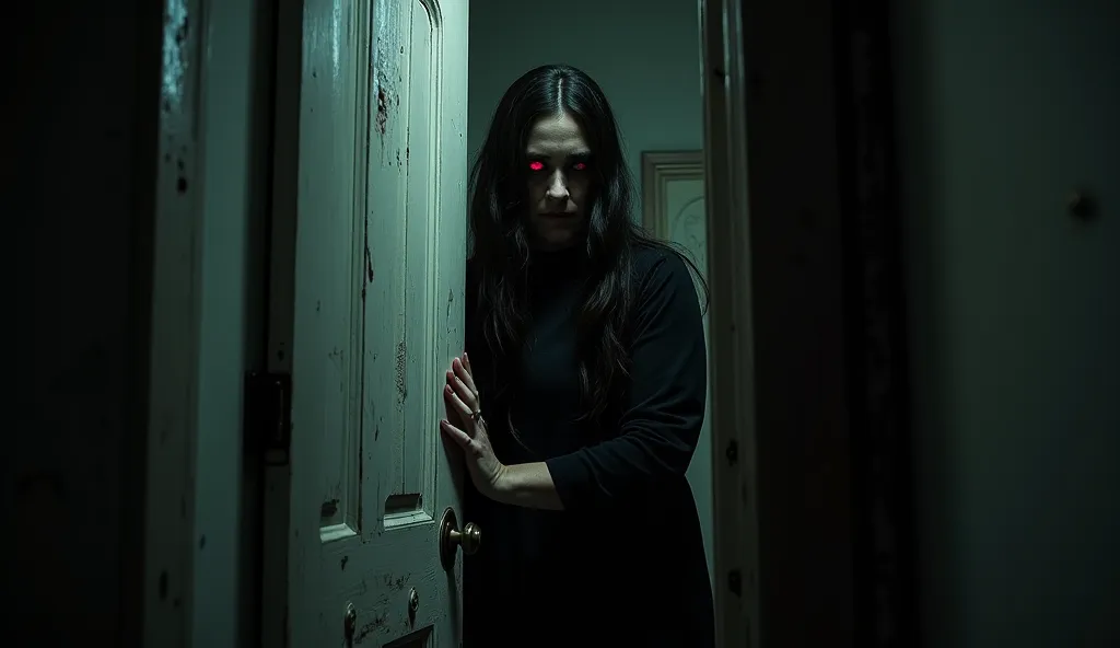 In the foreground you can see how a scary old door is between open, You can see how a terrifying woman who can't see her face well is staring blankly with red eyes, While he has one arm affirming the door, The image has a very good contrast, The image is i...