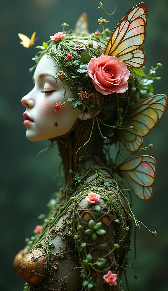  merge ,A puppet fairy figure wrapped in a vine of plants and flowers,　Muimori,　GLOWING CUE FULL BODY, 　Art Nouveau,　fantasy,　 cyber ,  a fair-skinned 's face that seems clear even though it's a machine, 　sleeping,  The body is a machine, Hair is green vin...