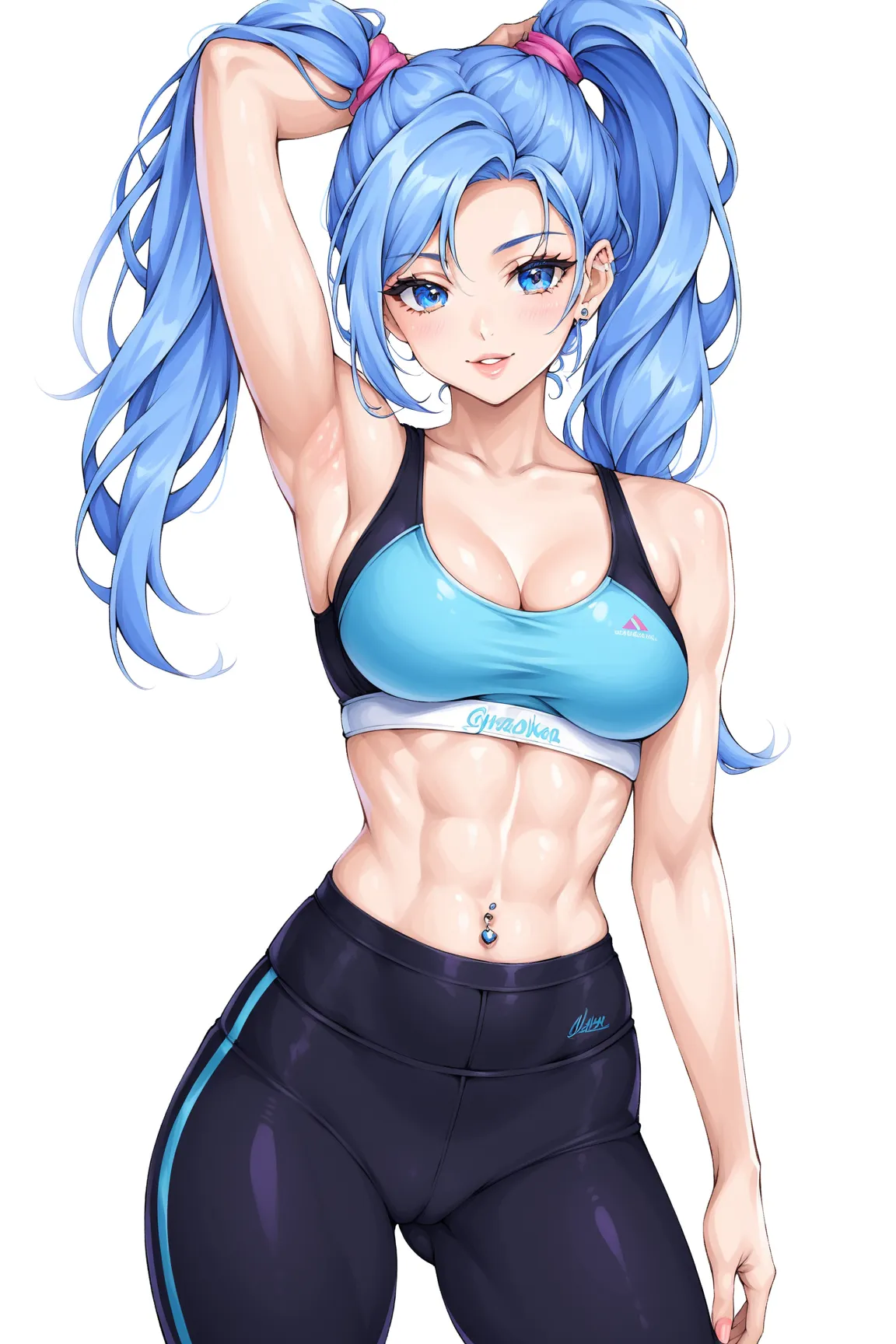 Score_9up, score_8up, score_7up, masterpiece, best quality, very aesthetic, absurdres, newest, 1girl, solo,minah, blue hair, long hair, blue eyes, sports bra, yoga pants, medium closeup shot, 