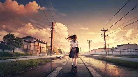 -Bruce, one girl, alone, Outdoors, cloud, null, skirt, , shoes下,  Scenery, white shoes下,  sign, ãã©ã¹ , shoes, bag, is standing, Seraphim, Knee-length, from behind,  shirt, cloudy null, road  sign,  signature, sailor color, wide shot, sunset, white  shirt,...