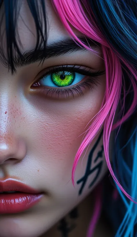 woman with an intense and stylized appearance, provavelmente inspirado  digital art de alta qualidade. tone The face has tribal tattoos that contrast with fair skin, and the eye shines with a neon green tone, containing a symbol or kanji inside it. The art...