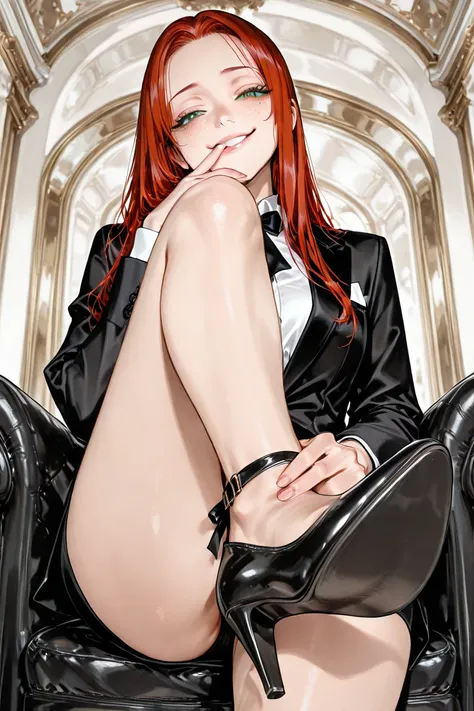 ((towering in the frame)) ((red head)), ((freckles)), ((medium chest)), ((green eyes)), ((formal attire)), ((black high-heels)), ((smug look)) A giantess teacher sitting, crossing her legs, placing her fingers on her mouth. Looking down. One leg risen up. ...