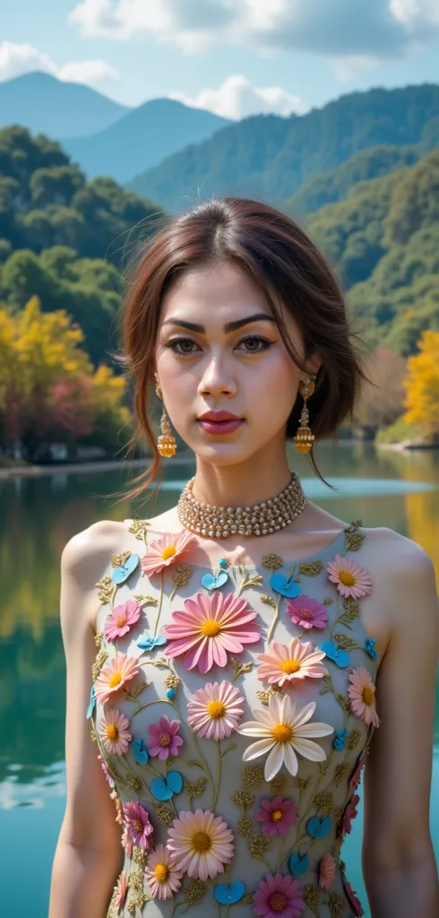 Portrait of a muscle korean woman wearing a traditional smooth satin transparant outfit. she is sitting on a white couch in a living room with a fireplace in the background. the woman is wearing a long-sleeved pink dress with a high neckline and a statemen...