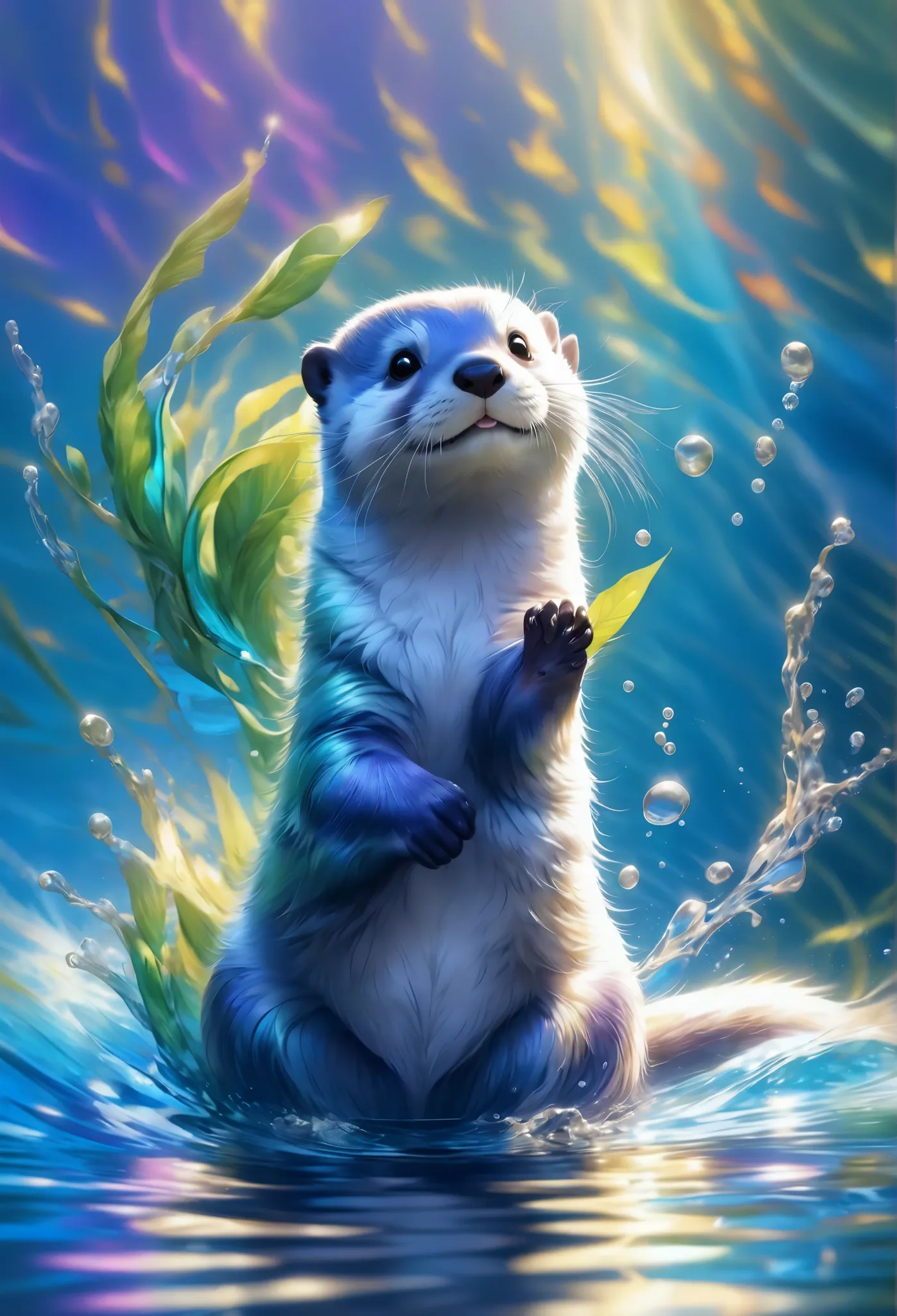 An Otter, Midea, (best quality,4K,8k,High Resolution,masterpiece:1.2),super detailed,(realistic:1.37),Otter, playful, adorable by design, curious, watercolor,playful expression with beautiful fur,Sparkling Eyes, expressive face , natural habitat , splashes...