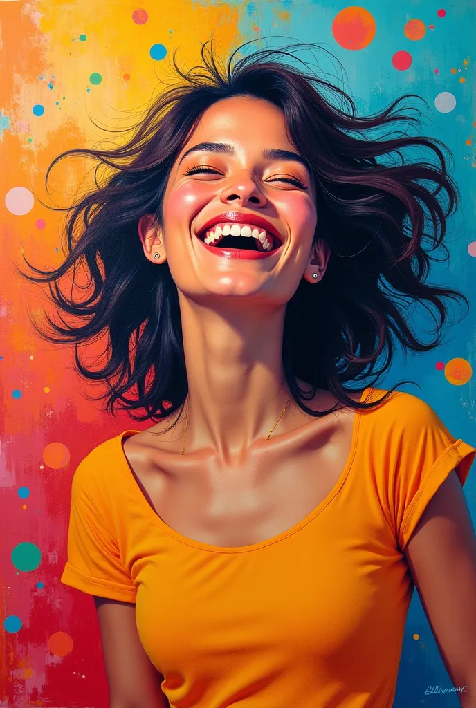 A modern art painting that is the image of a woman with a positive, hopeful and joyful spirit.

