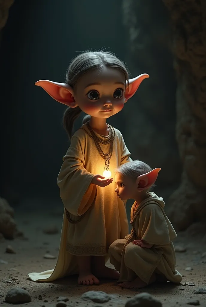 *"A young , around , with wide, innocent eyes and a glowing aura around them. They wear a simple but elegant tunic, holding a small pendant that emits a faint light. The  stands in a dimly lit cave, with Kael kneeling protectively beside them. Hyper-realis...