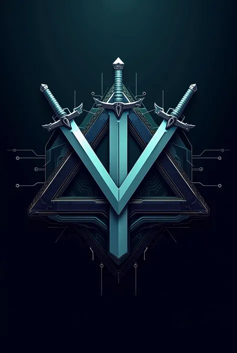 I want a logo that has a triangle and on top of the triangle two swords and behind that things of technology 