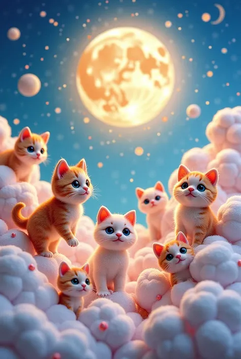 Lots of kittens in the clouds with a vibrant full moon, stars all this with quillin embroidery technique and felt, three-dimensional texture pastel colors for iPhone wallpaper 