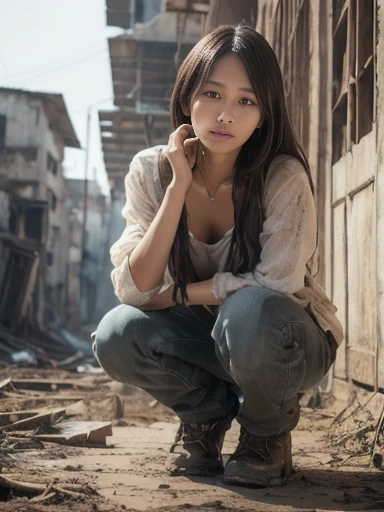 woman, standing in ruins, crouching, mud-stained face, soiled clothes, sorrowful, sense of desolation, ((masterpiece)), ((best quality)), (ultra-detailed), ((beautiful eyes)), Japanese female, (slender:1.3), ((30 years old)), beautiful, (flat chest:1.0),