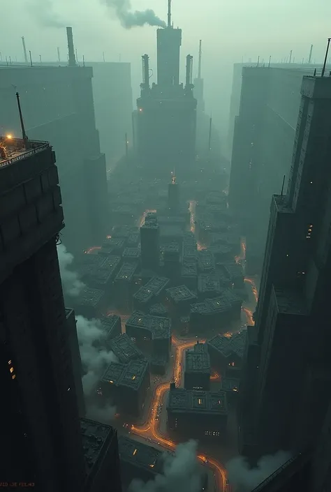 A dark industrial city built inside a vast, gigantic crater. From a bird's eye view