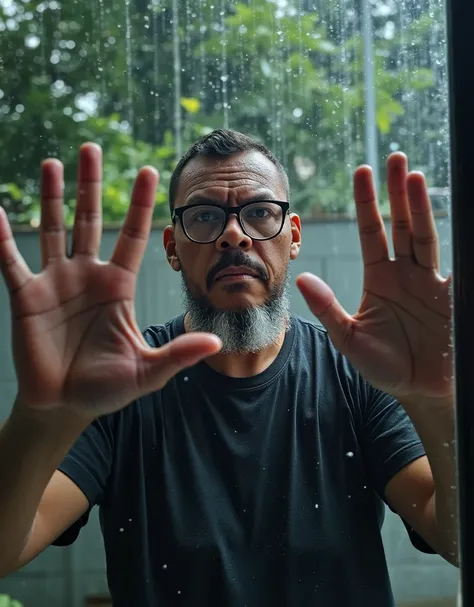 A hyper-realistic, UHD, 8K portrait of a glass window with water droplets condensed and running down the surface. Behind the glass, a man with glasses and a beard, black t-shirt has his hands pressed against the glass, his expression one of desperation and...