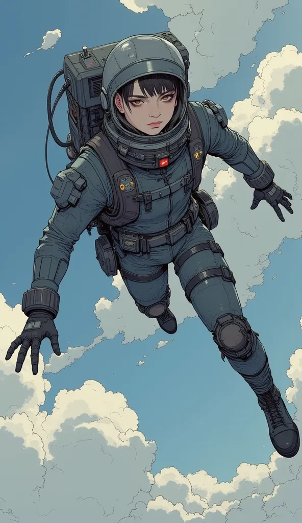  There is a cartoon picture of a man in a spacesuit flying,   Concept Art 。Victor Mosquera , polycount, conceptual art , :14 FLCL + Akira, FLCL cover, FLCL, :14 FLCL +  JET GRIND RADIO ,  cowboy bebop art style , Cyberspace Cowboys,   anime robot is an org...