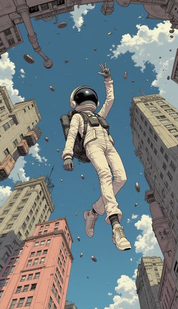  taken from below、 Fisheye 、 There is a cartoon picture of a man in a spacesuit flying,  Concept Art 。Victor Mosquera , polycount, conceptual art , :14 FLCL + Akira, FLCL cover, FLCL, :14 FLCL +  JET GRIND RADIO ,  cowboy bebop art style , Cyberspace Cowbo...