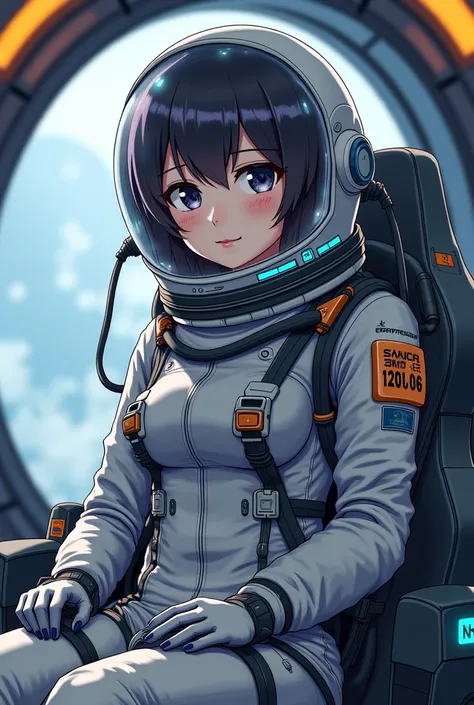 An anime girl in a full-body enclosed, tight spacesuit with tubes connected to her helmet and pumping fluids which is opaque,while info being displayed on her helmet's visor. While siting in a futuristic spaceship's cockpit.