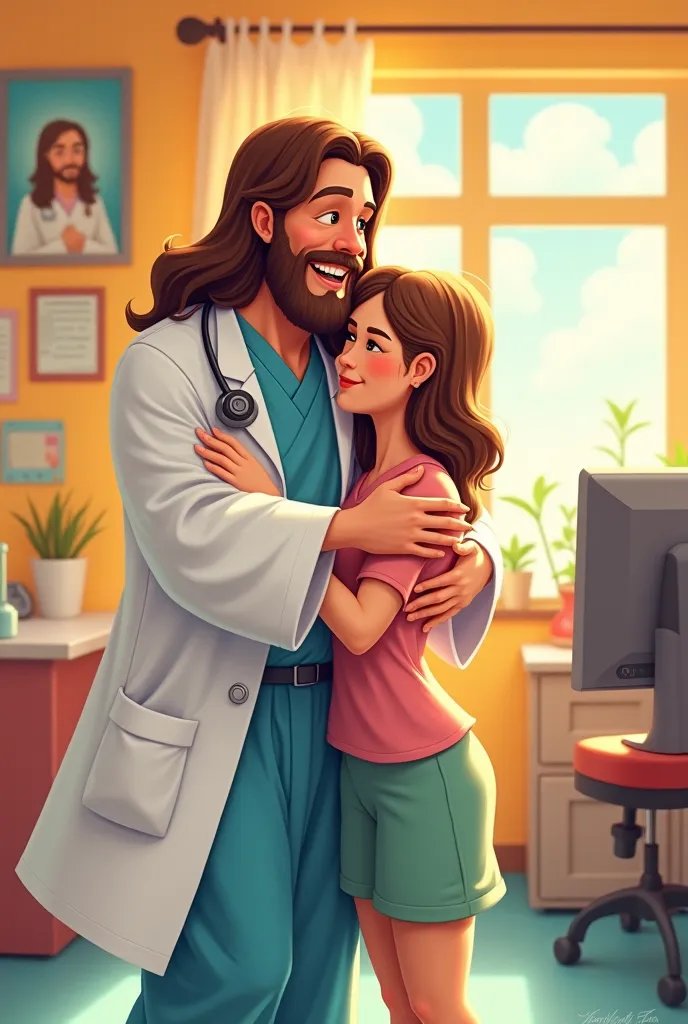 Make a cartoon of Jesus dressed as a doctor hugging a person in a cartoon-style doctor's office 