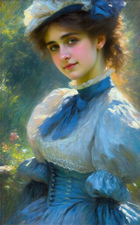 Generate image of a young 19th century woman in love in blue dress image,: Auguste Renoir style oil painting style