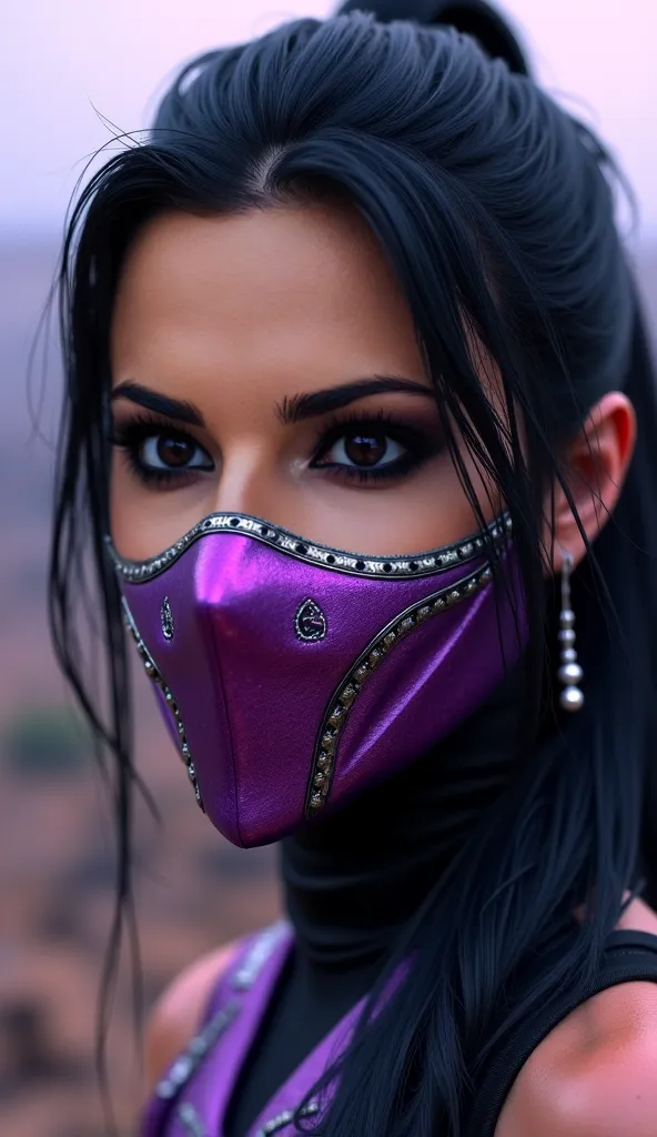 **Cheryl Tweedy como Mileena**, com sua shiny metallic purple mask e pequenos detalhes prateados em forma de tribal, focusing **only on the face** atmosphere and with an epic and realistic backdrop. a máscara é fechada, covering the mouth completely: --- #...