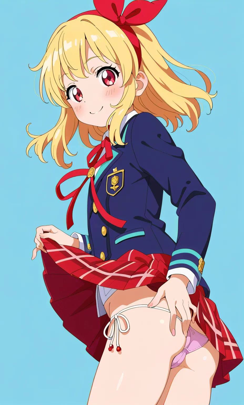 A girl is looking at me while lifting her skirt to highlight her cameltoe, showing her thighs, butt, and panties. Starlight Academy uniform, skirt, skirt lifted, lifting skirt by herself, side, blushing, Hoshimiya Ichigo, (RED Ribbon) ) Hairband: 1.2), blo...