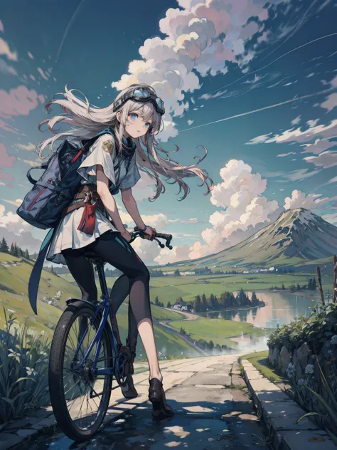 Highest quality、A girl is riding a vintage bike、Dark brown shortcuts、Leather jumper、Cromwell helmet with goggles、Japanese countryside scenery、Streamside path、Small Creek、Dirt roads、Weeds growing on the side of the road、blue sky、Floating white clouds、Early ...