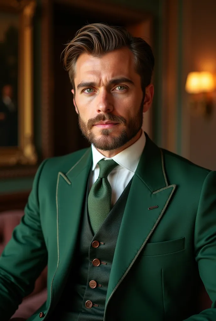 A handsome brown-haired man with green eyes in a well-fitting green suit with brown details