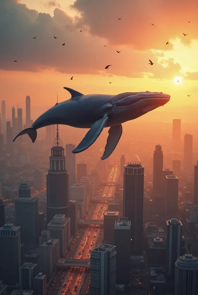 Cinematic scene seen from the street, Humpback whale flying in the sky,  bustling city, sun setting, Ultra-realistic image