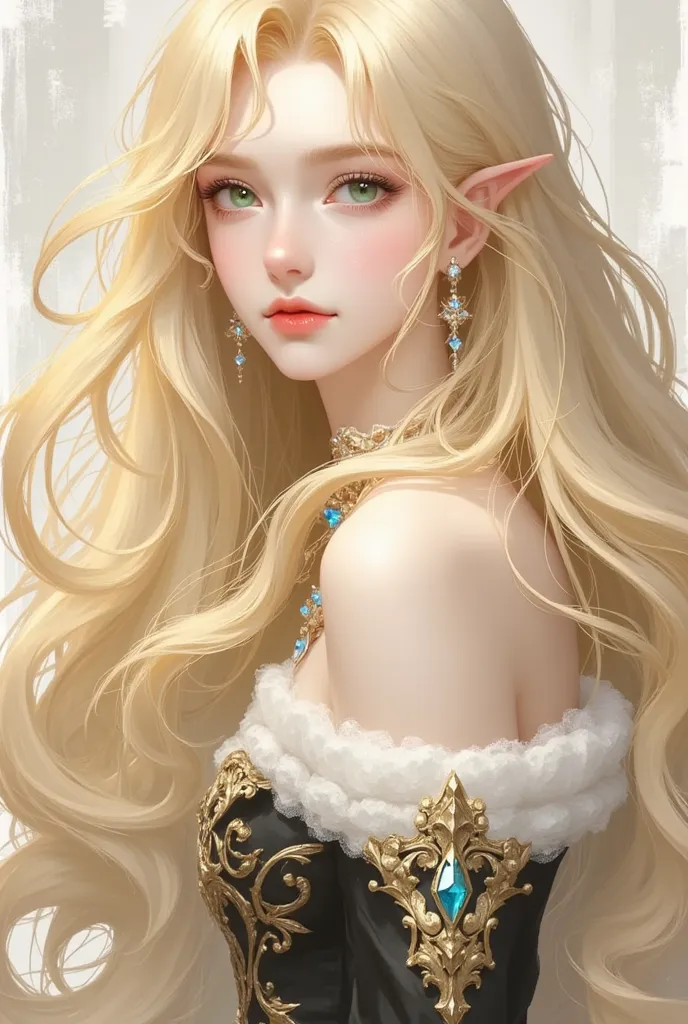 1 girl, long blonde hair with amber ends, green eyes, ears covered with hair, wearing archer black and gold fantasy style clothes, absurdres, hightres, ultra sharp, 8k, masterpiece, looking at viewer, anime, face front towards viewer, fantasy background