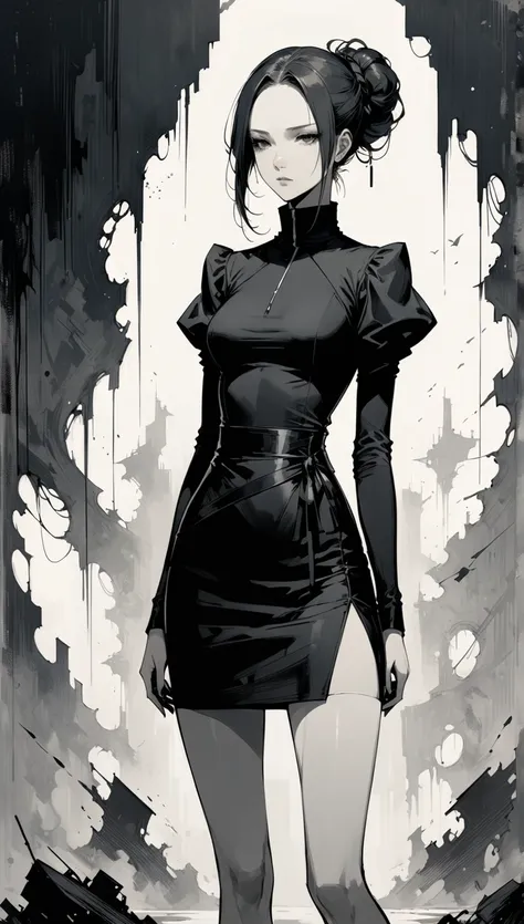 in style of Ashley Wood,(in style of Santiago Caruso:1.1),
1girl,(underboob cutout:1.3)，low-tied hair,black high-neck bodycon dress,juliet sleeves,hip-wrapping pencil long skirt, monochrome