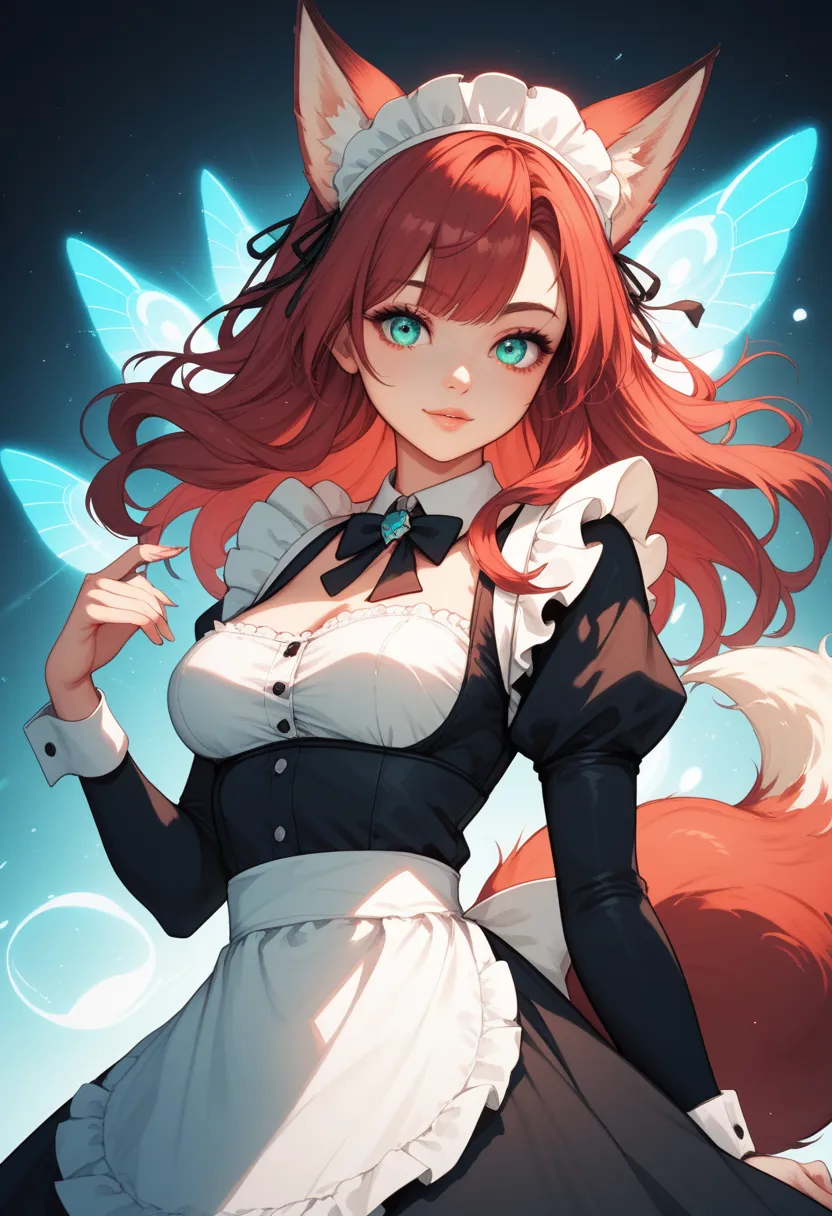 A fluffy fox, Cute, with burgundy hair and turquoise eyes, in a tight maid suit