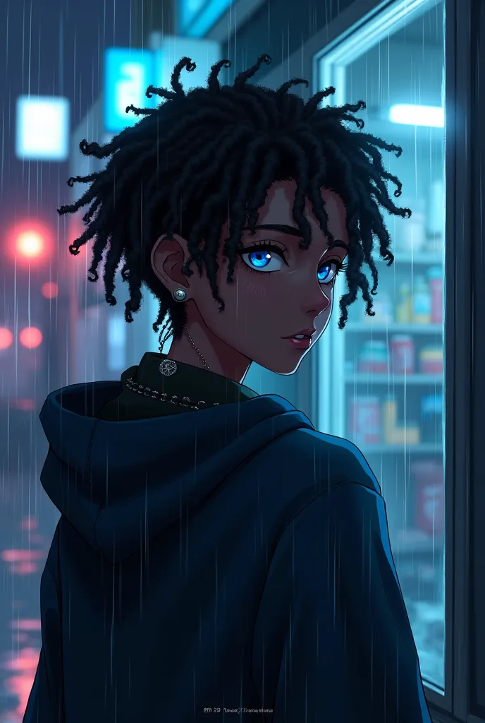 Black male 18 Dreadlocks, Blue and Silver Eyes, Hood, Anime, Anime Style, From Behind, High Resolution, Masterpiece, High Details, Detail, High Quality, Jewelry, standing in the rain by a corner store