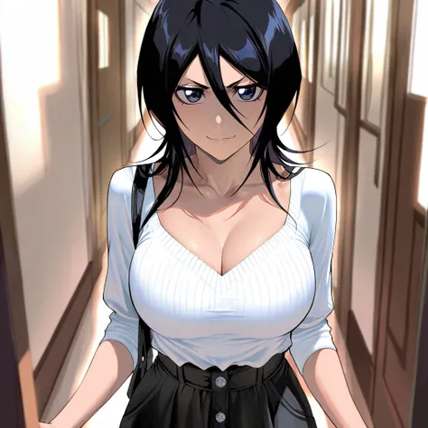 Stunningly attractive woman, Rukia Kuchiki, Bleach, High Resolution, Masterpiece, glistening, impeccable physical shape, casual clothing, different hairstyles, different clothing, different clothing styles, different clothing, Solo, 1girl, small smile, lon...