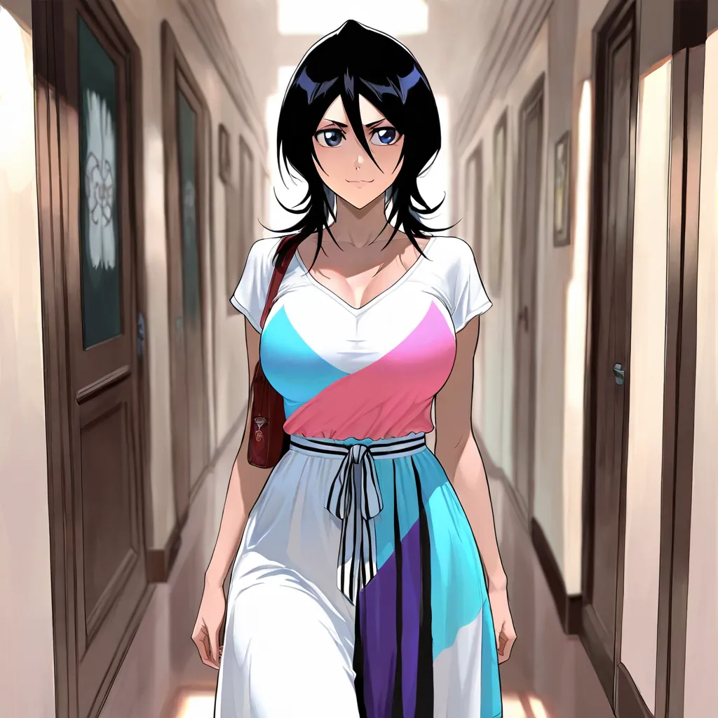 Stunningly attractive woman, Rukia Kuchiki, Bleach, High Resolution, Masterpiece, glistening, impeccable physical shape, casual clothing, different hairstyles, different clothing, different clothing styles, different clothing, Solo, 1girl, small smile, lon...