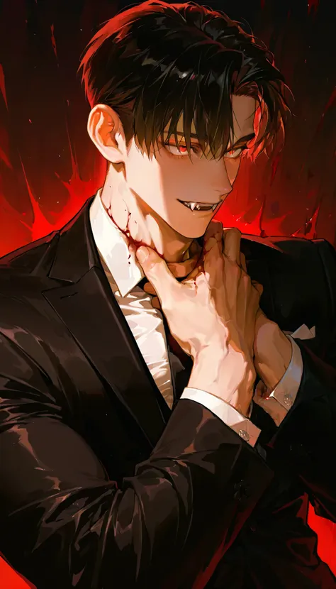 Young Bloodsucker, 1man ,fangs,Blood,hands caressing his neck,Handsome,short hair,,Solo painting,suit, mature man, muscles,solo,alone,handsome
