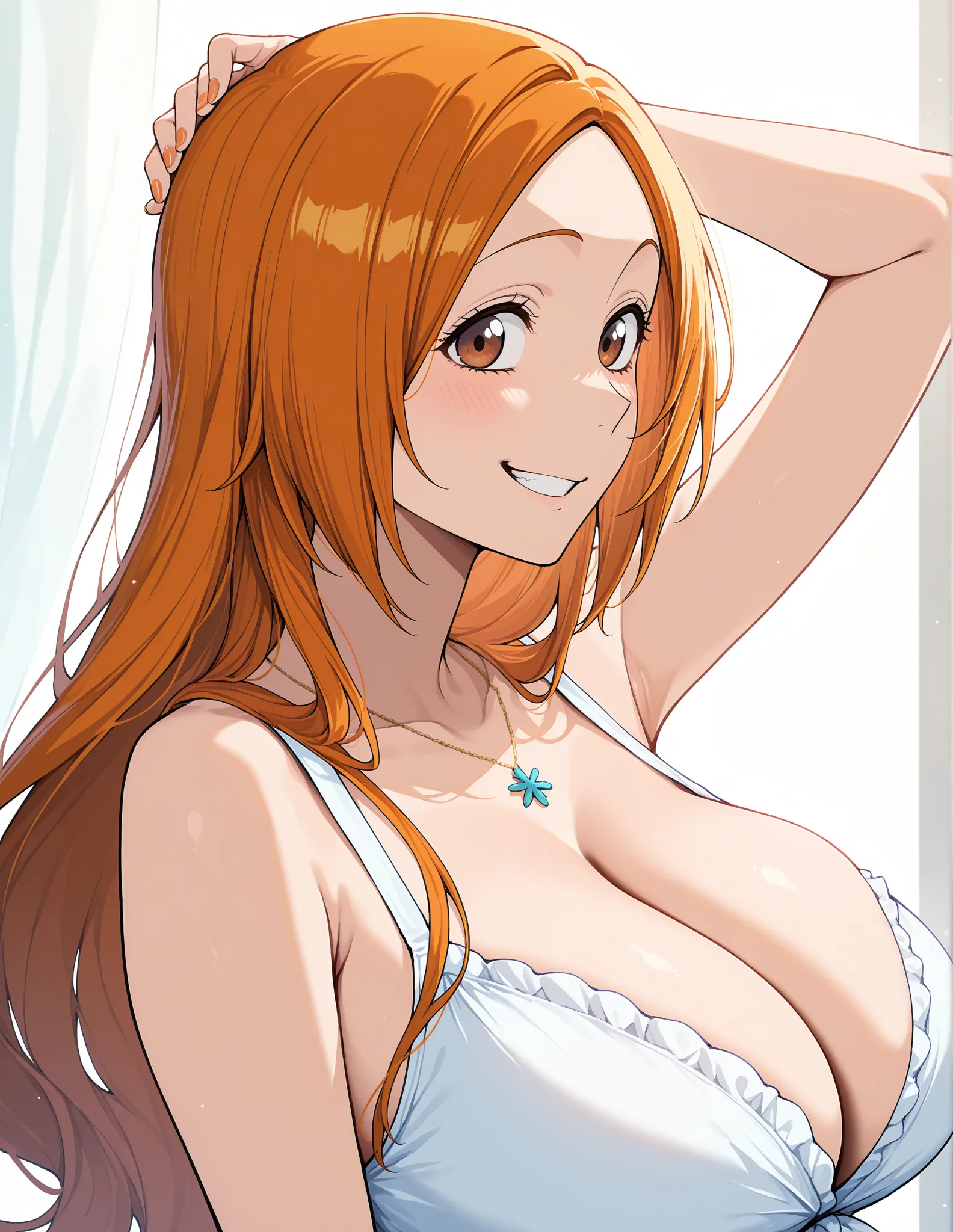 0rihime, long hair, orange hair, large breasts, parted bangs, brown eyes, 
playboy bunny, smirk, one hand behind head, armpit, upper body, 
simple background, solo, 1girl,, masterpiece, best quality