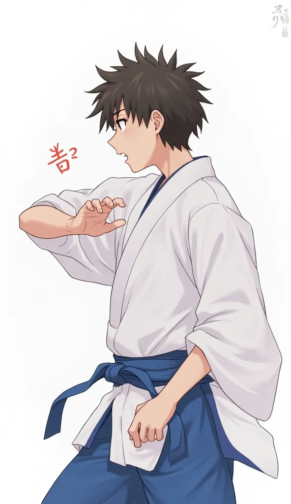 1 boy,Alone,Shinji Ikari,kimono,male focus,martial artist costume,shout,Open mouth,upper body,brown eyes,,fringe, brown hair,white background,signature,short hair,looking to the side,upper dentes only,traditional media,black hair,blue body,simple bottom, d...