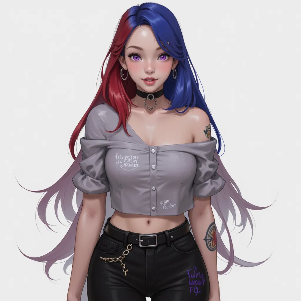  1girl  bare shoulders  belt  black belt  black pants blue hair collarbone  crop top  long hair  low-tied long hair  multicolored hair  off-shoulder shirt  off shoulder  red hair  shirt  pants  split-color hair  grey shirt 
twitter_cutting_game
cut-here li...