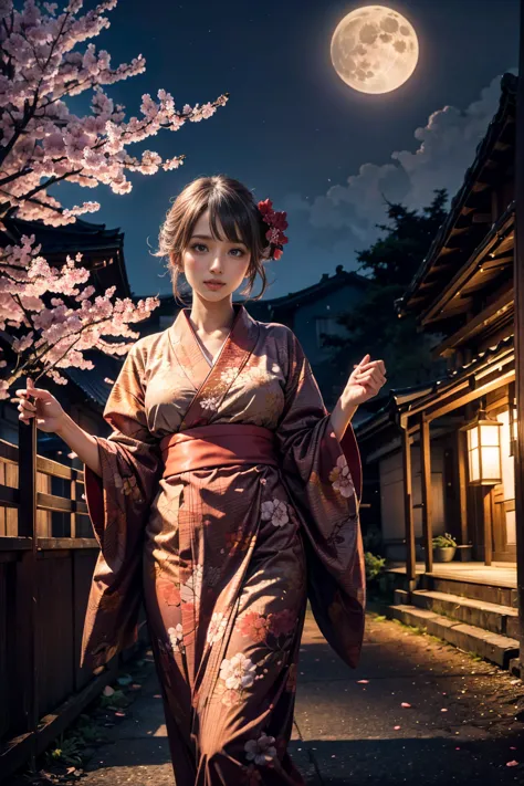    kimono、 beauty、 Cherry blossoms at night  、  fantastic big full moon in the background、medium breasts、high image quality、  kimono