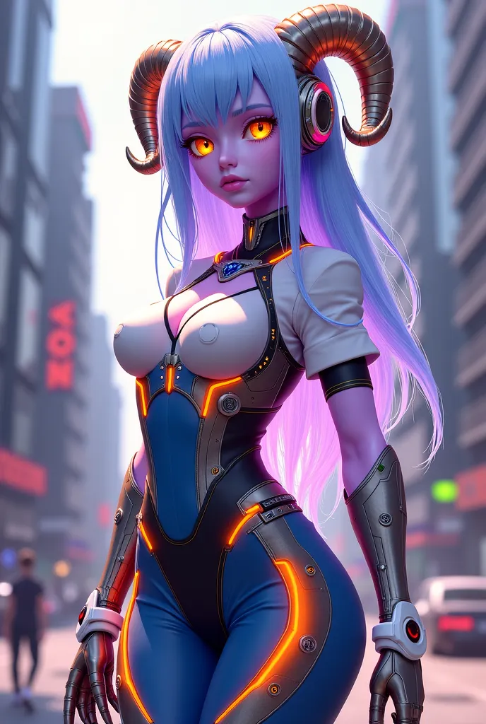 Appearance

She has light purple skin, giving her a mystical and alien appearance. Her hair is a metallic light blue, long and straight, falling back and accompanied by a stylized helmet. Golden yellow eyes. Curvy woman's body with sheep shards instead of ...