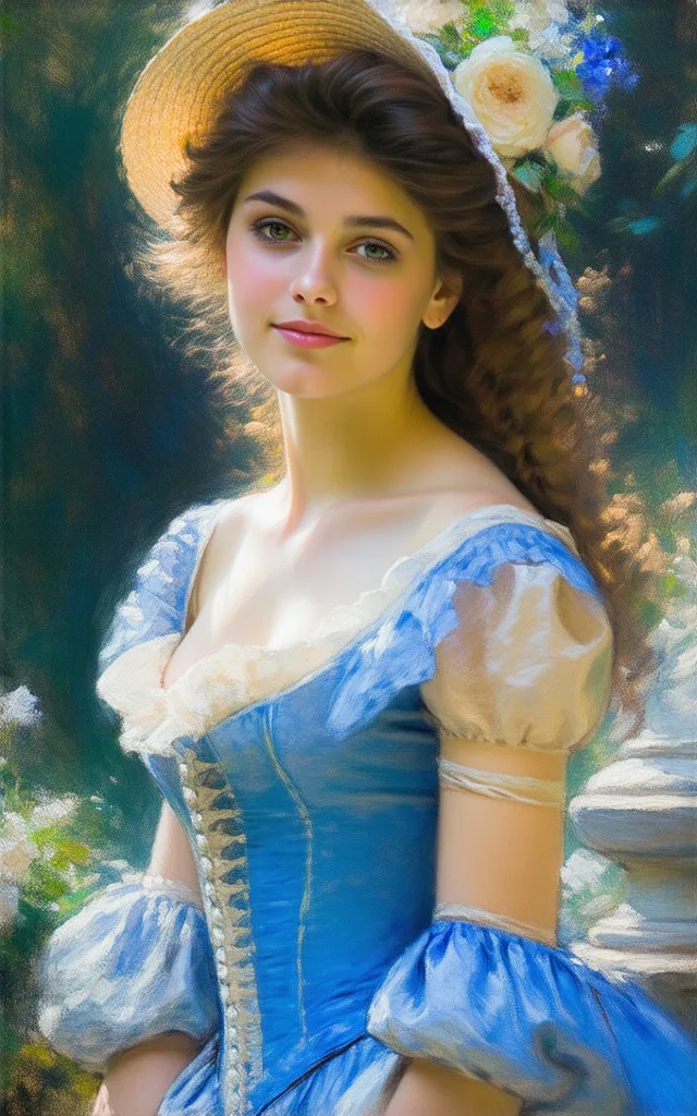 Generate image of a young 19th century woman in love in blue dress image,: Auguste Renoir style oil painting style