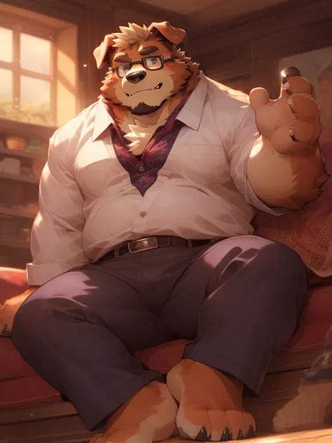 Unique, perfect burgundy eyes,  Bernese Mountain Dog, mature face, shirtless, Wearing gold-framed glasses, fatty, sitting on the couch, shy expression, introversion, housewife, fofo,  cozy environment, , barefoot, artist:Takemoto Arashi, por zixiong, por n...